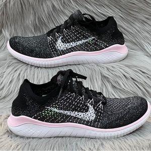 Nike Women’s Free RN Flyknit 2018 Running Shoes. Black/White/Pink. NEW